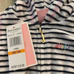 Juicy Couture Baby Girls Striped Terry Hooded Shorts Romper - Size 12 Months